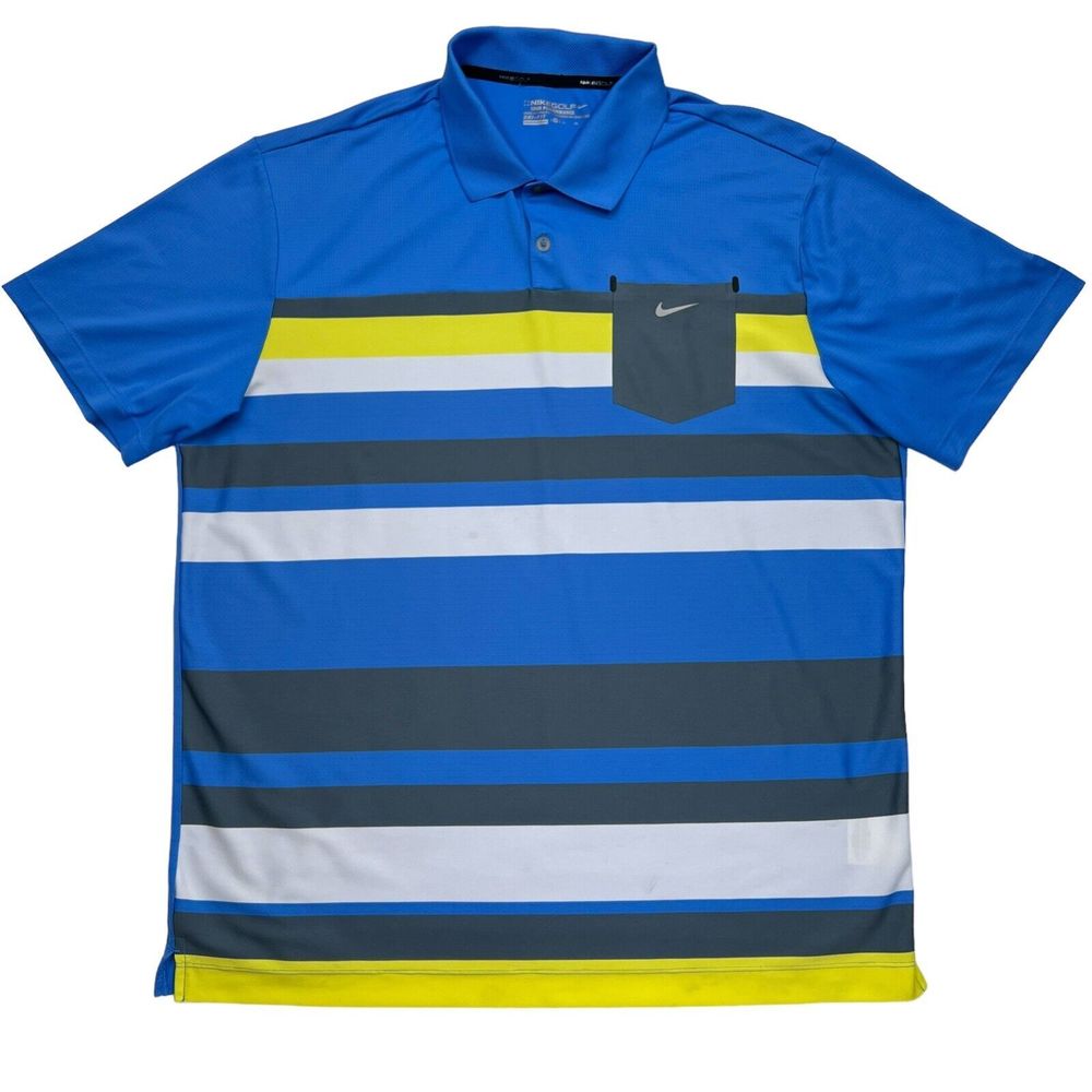 Nike Golf Shirt Mens XL Polo Blue Striped Short Sleeve Tour‎ Performance Stretch